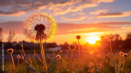  a dandelion in a field with the sun setting in the background.  generative ai