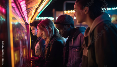 Young adults enjoy nightlife in illuminated city generated by AI