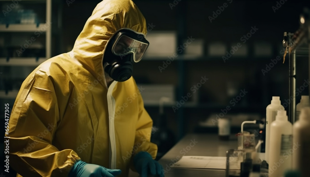 Caucasian scientist in protective workwear conducting experiment generated by AI Caucasian scientist in protective workwear conducting experiment generated by AI