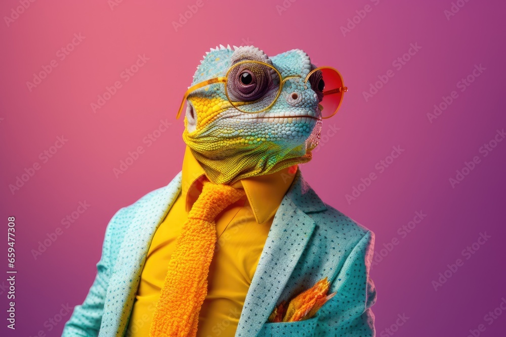 Stylish portrait of dressed up imposing anthropomorphic chameleon wearing glasses and suit on vibrant pink background with copy space. Funny pop art illustration. - obrazy, fototapety, plakaty 