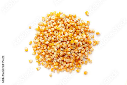 Pile of organic Corn Seeds (Zea mays) or Makka isolated on a white background. Top view
