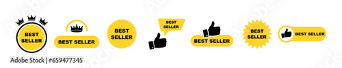 Set of golden best seller vector icons set. Best seller badge with crown and thumb up. Vector 10 Eps.
