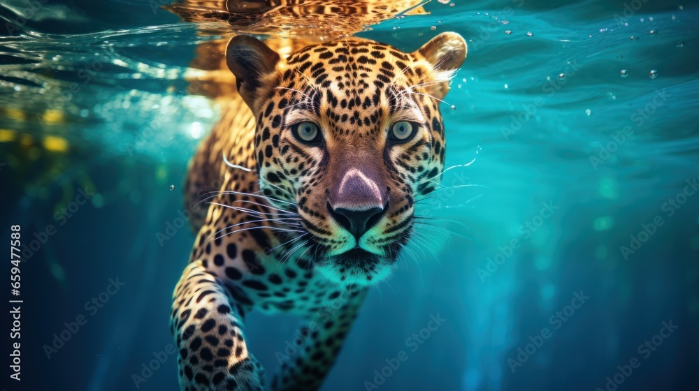 Portrait of a leopard swimming underwater. - obrazy, fototapety, plakaty 