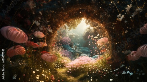 Mystical fantasy forest landscape with flower magic portal.