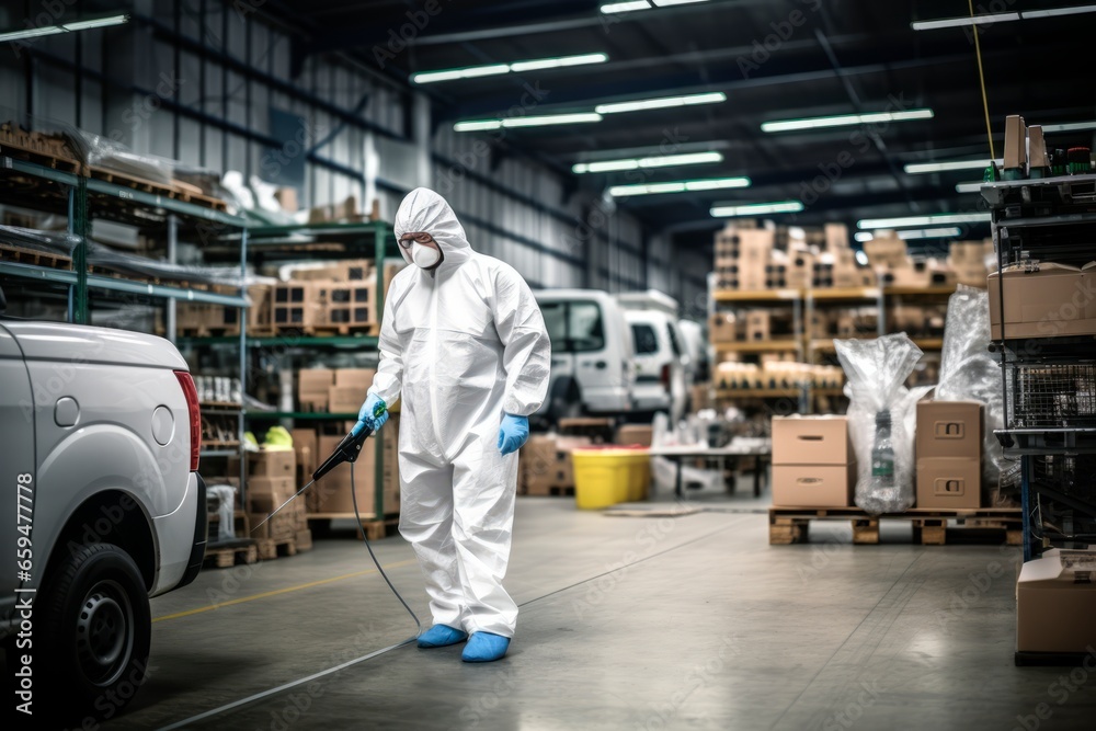 a person doing a professional cleaning in a warehouse  with a commercial vacuum,wearing PPE and mask