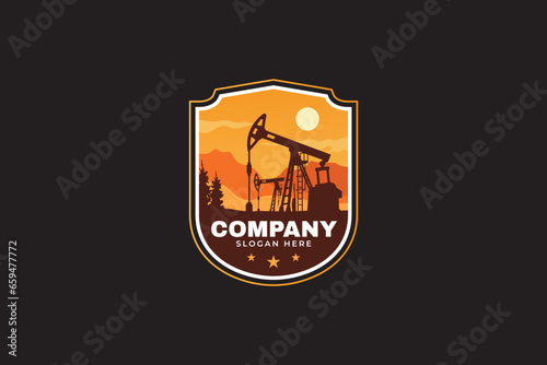 Oil gas industry in sunset background badge logo vector design