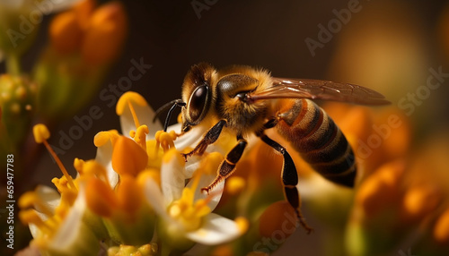 Busy honey bee picking up pollen from a vibrant yellow flower generated by AI