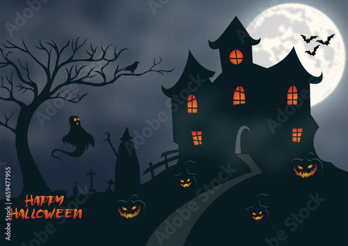 Vector haunted house, pumpkins at moon night