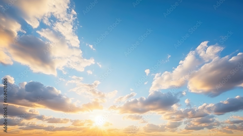 Blue sky clouds background Beautiful landscape with clouds and orange sun on sky 