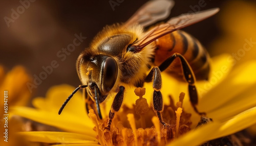 Busy honey bee picking up pollen from single flower blossom generated by AI