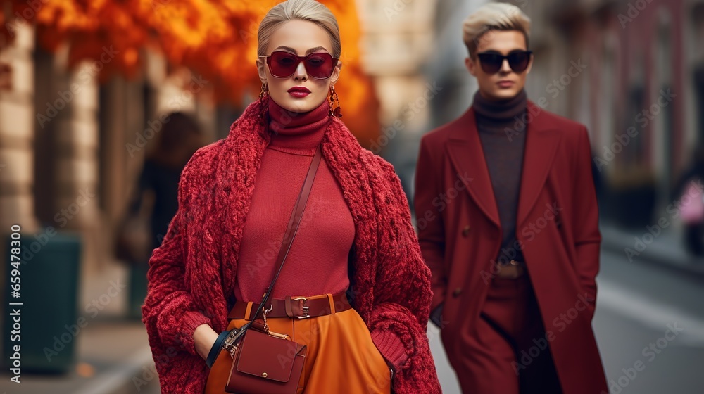 Fototapeta premium Women in Red Hues Strolling, High-End Fashion Shoot
