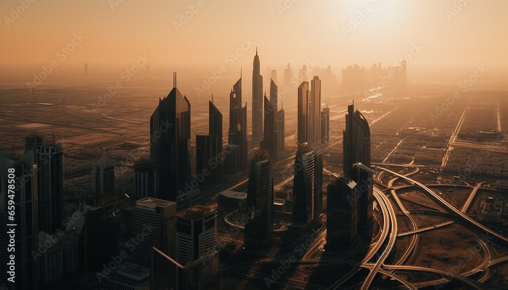 Obraz premium Modern city skyline illuminated by sunset, a panoramic travel destination generated by AI