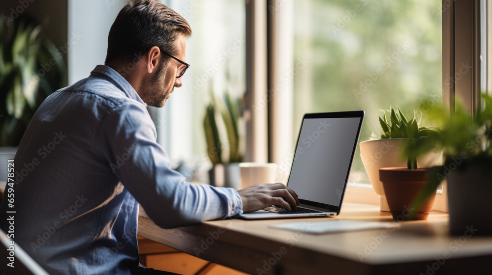 A focused remote worker at a tidy home office desk, remote worker home, working from home, blurred background A focused remote worker at a tidy home office desk, remote worker home, working from home, blurred background