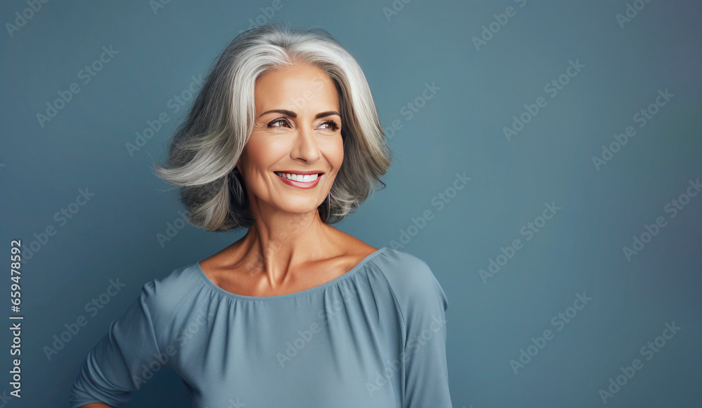 Portrait of beautiful happy 50s mid age elderly tanned modern woman with long bob haircut in blue blouse on blue background, Space for text Portrait of beautiful happy 50s mid age elderly tanned modern woman with long bob haircut in blue blouse on blue background, Space for text