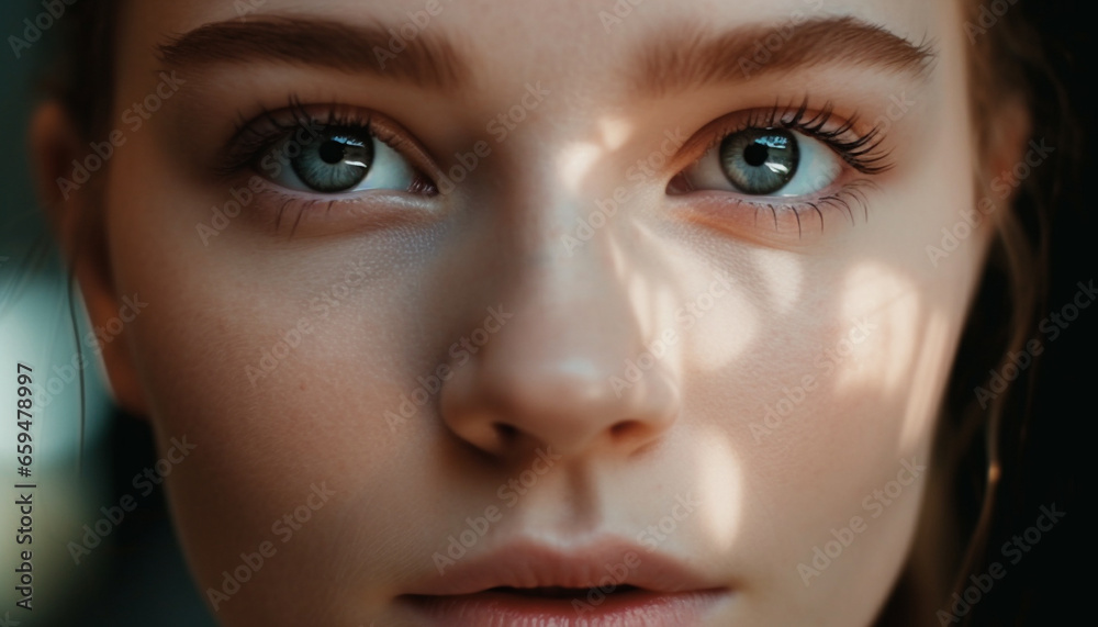 Serene brown eyed girl staring at nature, innocence in focus generated by AI Serene brown eyed girl staring at nature, innocence in focus generated by AI