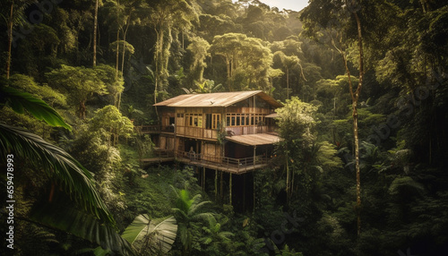 Tranquil scene of tropical rainforest hut on mountain cliff overlooking water generated by AI © Stockgiu