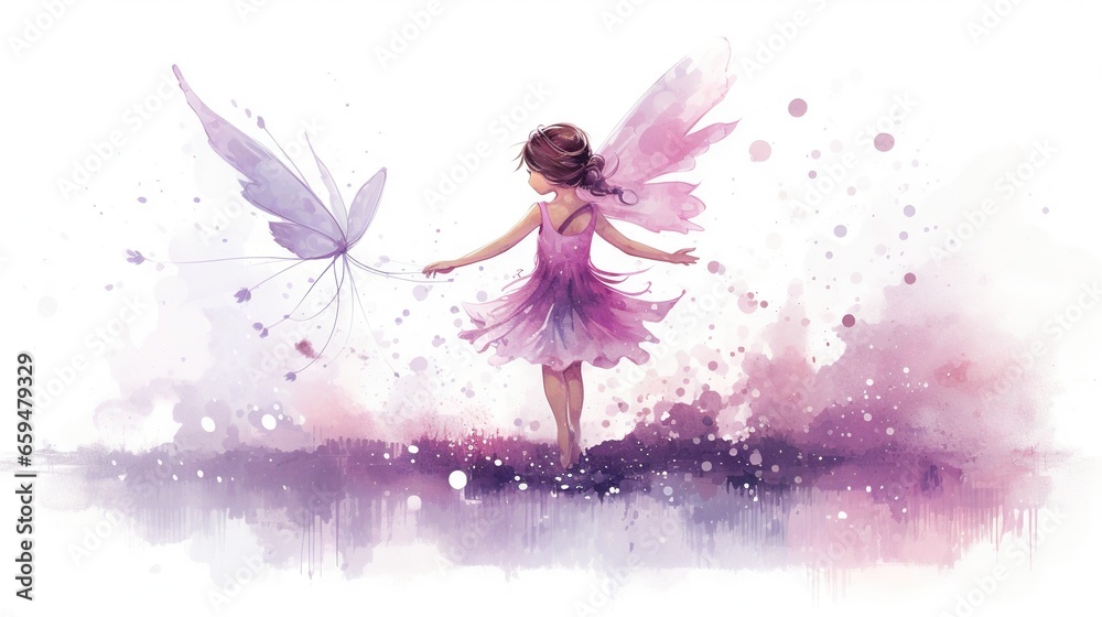 a painting of a little girl in a purple dress holding a butterfly.  generative ai - obrazy, fototapety, plakaty 