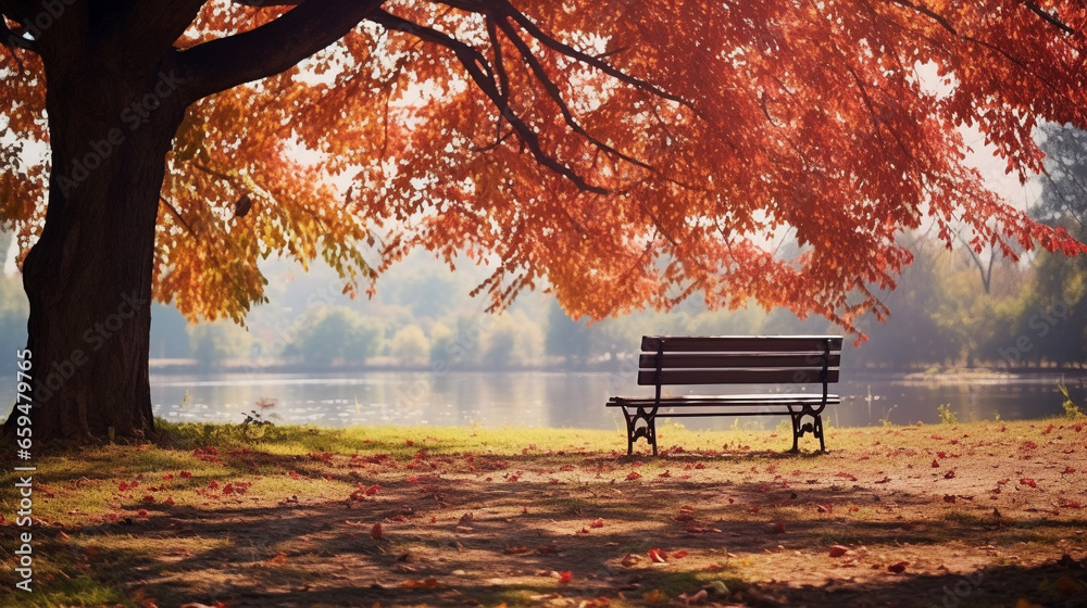 bench in the park under the big tree, looking at the calm lake, autumn foliage, spirit of relaxation