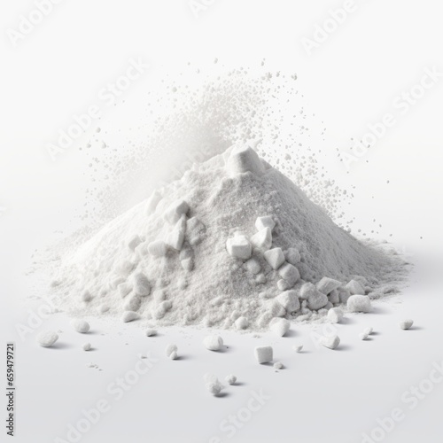 Pile of white powder, wheat flour, sugar on white background.