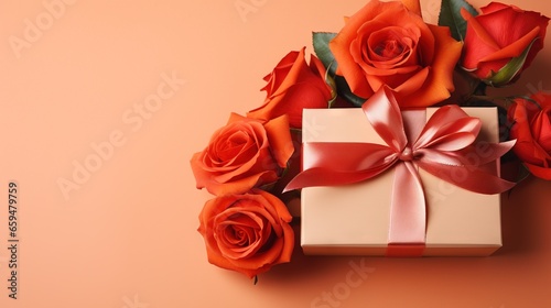  a gift box with a red ribbon and a bunch of roses.  generative ai