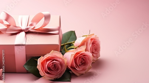  a pink box with a pink ribbon and three pink roses.  generative ai © Shanti