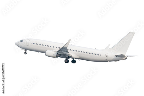 Take off a white passenger airplane isolated
