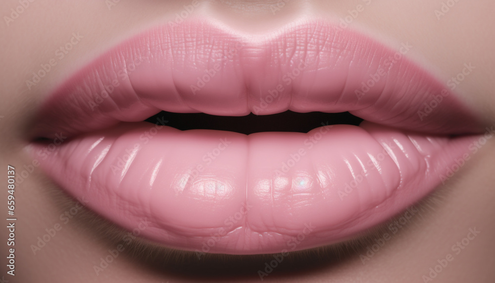 Obraz premium Beautiful woman lips shine with pink lipstick, exuding sensuality and elegance generated by AI