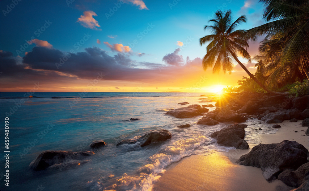 A serene tropical beach with clear blue waters and palm trees stunning nature scenery at sunset