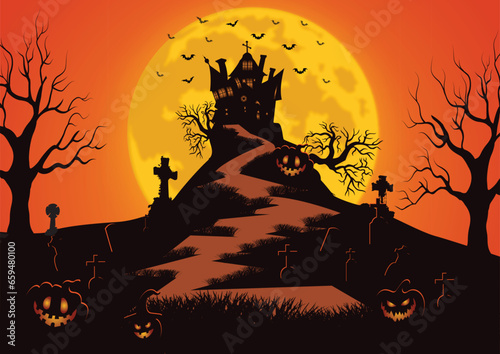 Vector happy halloween background with pumpkins, spooky castle, flying bats and full moon.