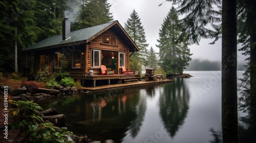 Hut in the forest on the river bank. Travel background