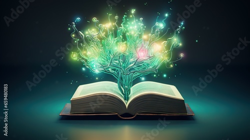  an open book with a glowing tree on top of it.  generative ai
