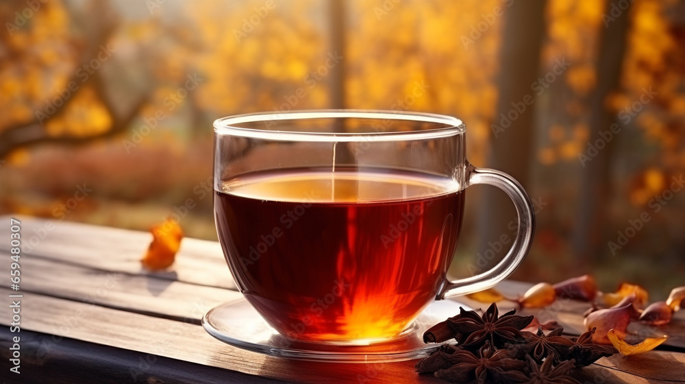 Cup of tea on a wooden table in the autumn forest at sunrise, blur background Cup of tea on a wooden table in the autumn forest at sunrise, blur background