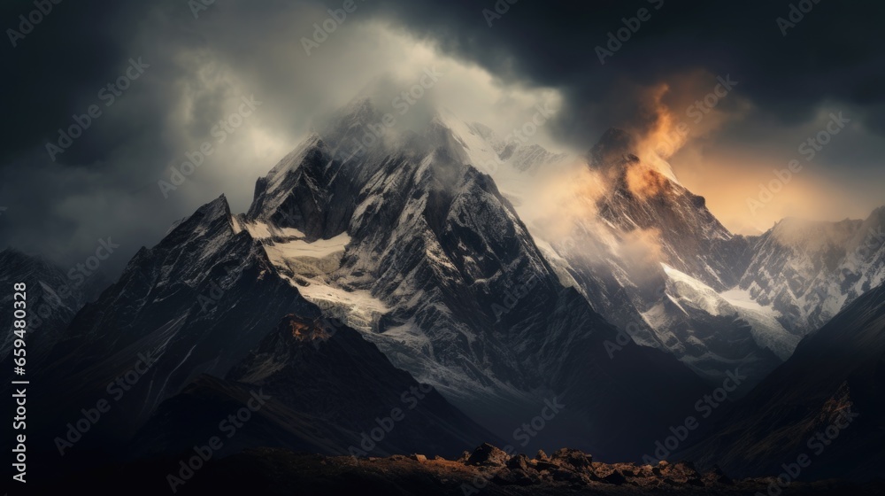 Majestic mountain range, dramatic sky, and panoramic beauty in nature