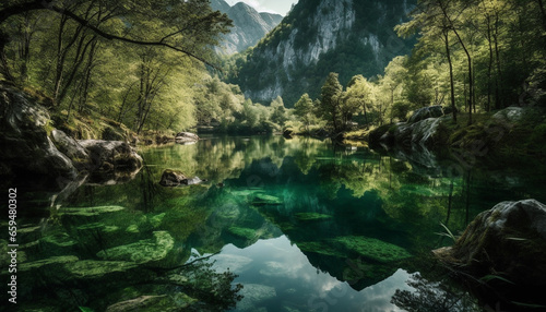 Tranquil scene of majestic mountain peak reflected in flowing water generated by AI