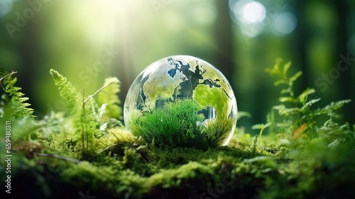 Fototapeta Naklejka Na Ścianę i Meble -  Globe On Moss In Forest - Environmental Concept