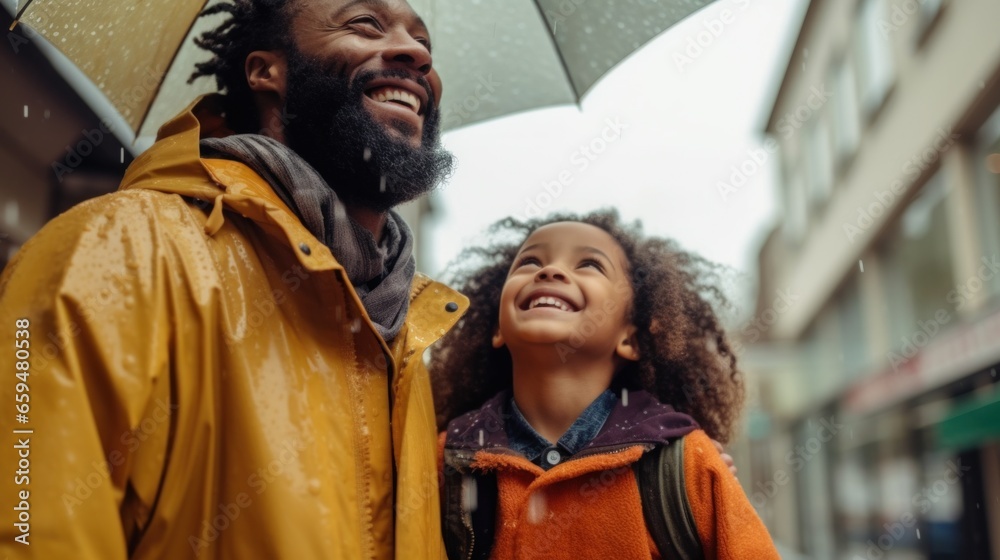 Multicultural dad and child stroll city streets in raincoats.