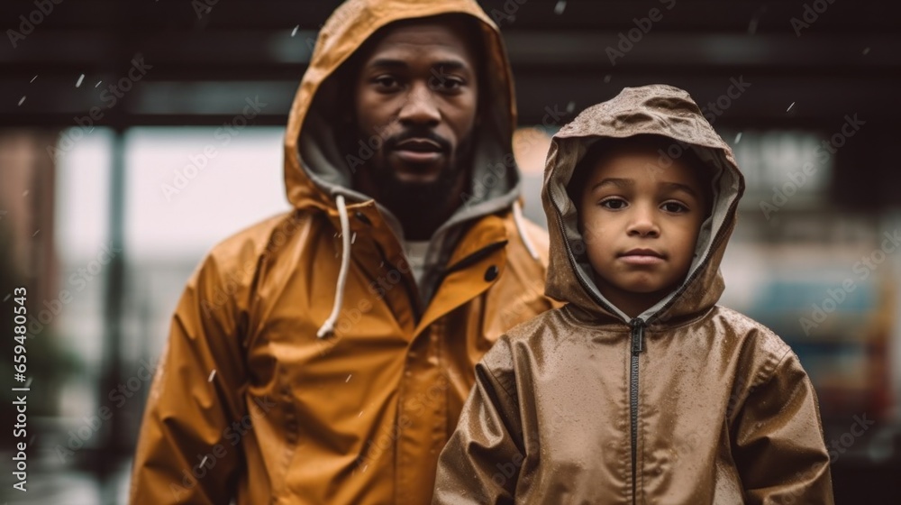 Father and child, both in cheerful raincoats, stroll together, their smiles reflecting the joy of the wet day. - obrazy, fototapety, plakaty 