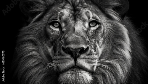Majestic lion staring, close up portrait of a wild beauty generated by AI