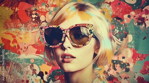 Pop art portrait of surprised woman with bright make-up and sunglasses.