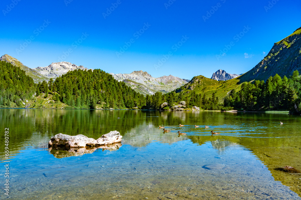 A view of the Cavlocc lake, in Engadine, Switzerland, and the mountains that surround it.
