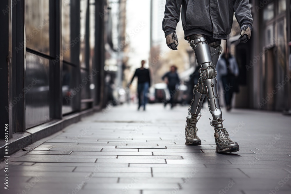 Naklejka premium Man walking with bionic legs.