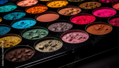 Vibrant eyeshadow palette collection in bright colors for glamorous make up generated by AI