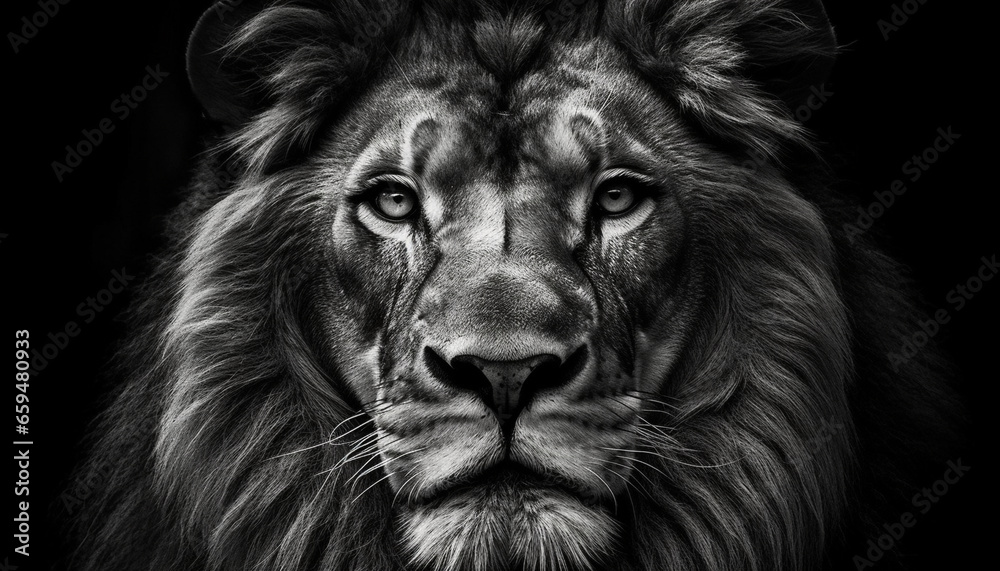 Majestic lion staring, black and white portrait generated by AI