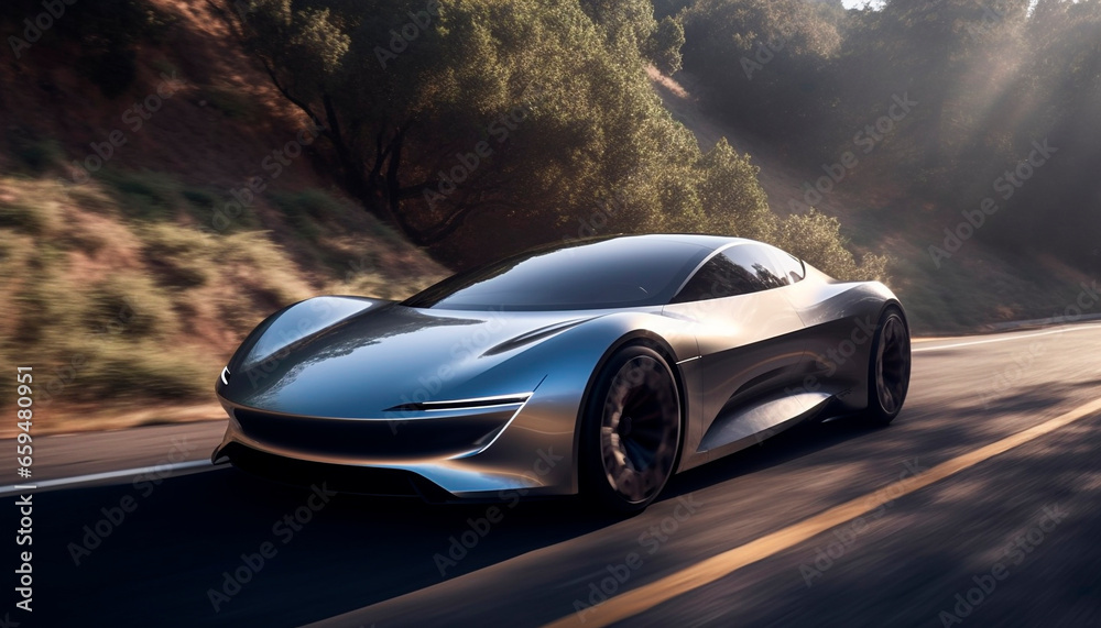 Smooth sports car driving on modern asphalt, reflecting elegance and innovation generated by AI