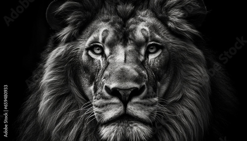Majestic lion staring  black and white portrait generated by AI