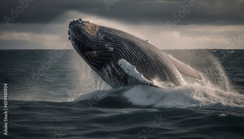 Majestic humpback breaches, tail fin soaring, in blue seascape generated by AI © Stockgiu