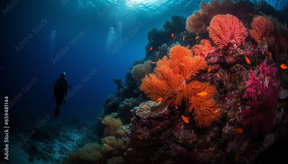 Deep sea adventure scuba diving into tropical reef landscape below generated by AI Deep sea adventure scuba diving into tropical reef landscape below generated by AI