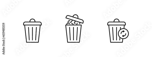 Trash bin vector icon set. Garbage can, closed full of junk and recycling icons.