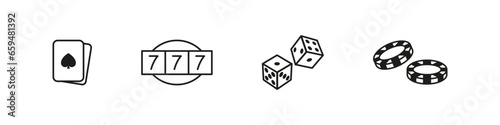 Gamebling outline vector icon set. Playing cards, slot machine jackpot; dice and casino chip icons.