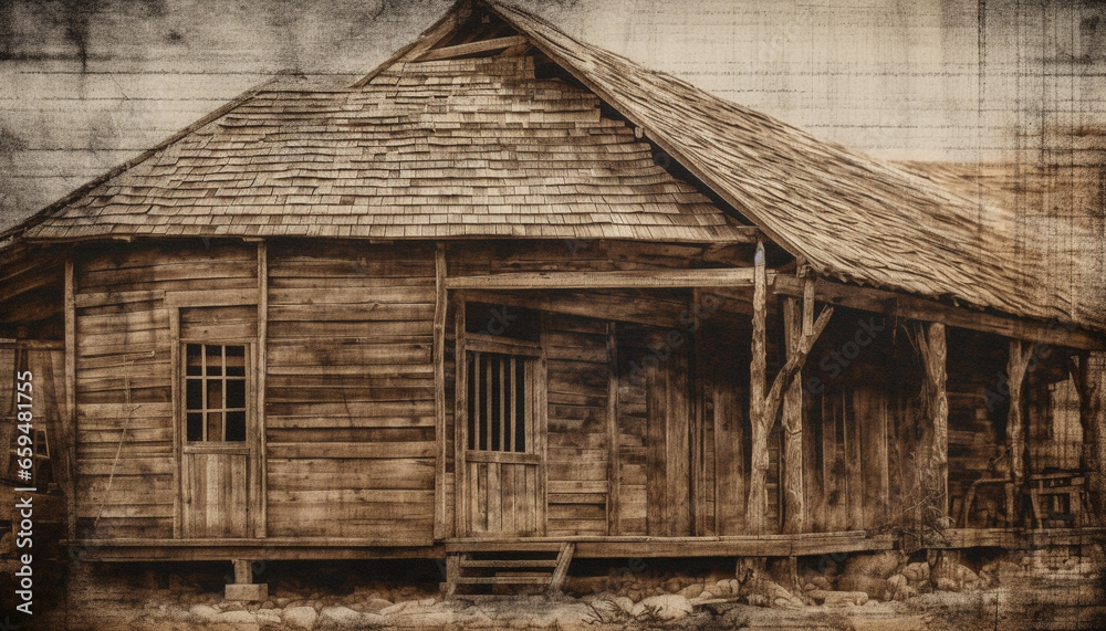 Naklejka premium Rustic old hut, broken and abandoned in rural landscape generated by AI